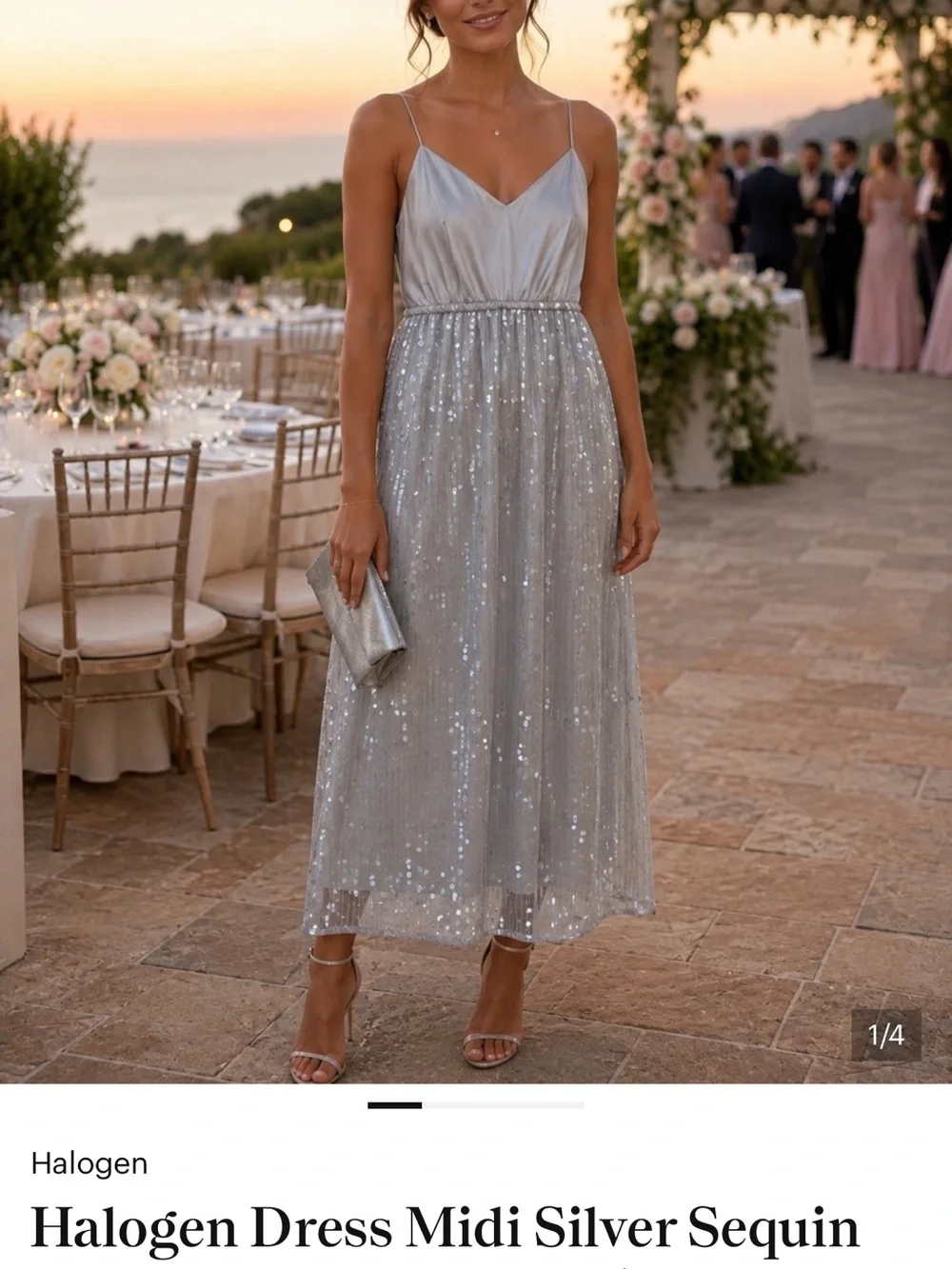 Halogen Silver Sequin Midi Dress with Satin Bodice